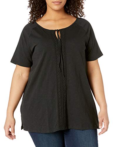 JUST MY SIZE Women's Plus-Size Split Neck Lace Front Top, Black, 24