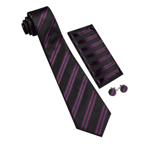 Image of Barry.Wang Man Stripe Ties Set Silk Woven Pocket Square Necktie Cufflinks Formal Party Business, Black Purple