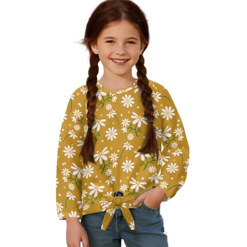 Xoenoiee Girls Long Sleeve Shirt 5-12 Kids Crewneck Fall T-Shirts Trendy 3D Graphic Tie-Hem Cute Tees