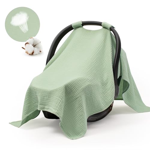 Image of SERAPHY Muslin Car Seat Cover Baby, Universal Carseat Covers Baby Girl Boy | 100% Muslin Cotton, Universal Fit, Breathable, Soft Infant Car Seat Canopy, For Boys and Girls, Sun & Wind Protection