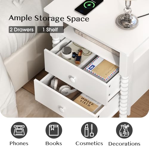 Image of JOINICE White End Table Set of 2 with Charging Station, Jenny Lind Spindle | Bedside Table for Bedroom, Living Room, Kids Room, Nightstand with 2 Large Drawers, Solid Wood Legs, Easy Assembly