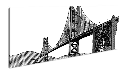 Puente de río ilustrado panorámico 120 x 60 cm, efecto: negro/blanco como lienzo, diseño enmarcado sobre marco de madera auténtica, impresión digital de alta calidad con marco