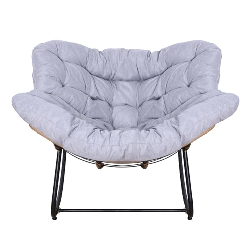 Reheyre Mecedora para exteriores, mecedora de ratán de gran tamaño con cojín, silla mecedora de huevo para patio, ocio, silla Papasan, sillas de lectura interiores para adultos, silla reclinable