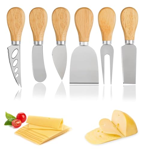 Cuicany 6 Piezas Juego de Cuchillos de Queso, Cuchillo para Queso de Acero Inoxidable con Mangos de Madera, Cuchillo de Mantequilla, Mango de Madera Cuchillo para Tarta Postre Postre Ensalada
