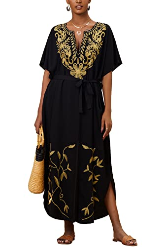 Women Embroidery Kaftan Loungewear Boho Homewear Oversized Maxi Beach Dress Cover Ups Robes