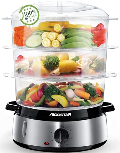 Aigostar Fitfoodie - Vaporiera Elettrica in Acciaio Inox, con Timer, 9 L Vaporiera, 3 Cestini, 800W, BPA Free Fornetti a Vapore