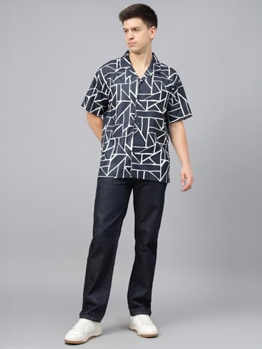 Image of Veirdo Poly Cotton Oversized Loose Baggy Fit Drop Shoulder Cool and Stylish Abstract Print Men Camp Collar Shirt