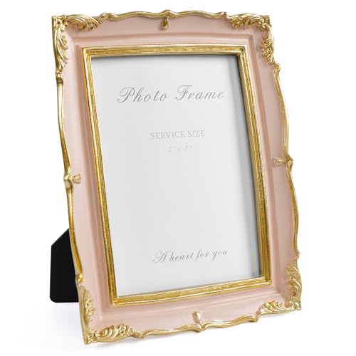 Vintage Pink 5x7 Picture Frame, Pink and Gold 5 by 7 Antique Photo Frames, Ornate Textured Hand-Crafted Resin Frame with Glass Front for Tabletop Display, Retro Design Home Decor