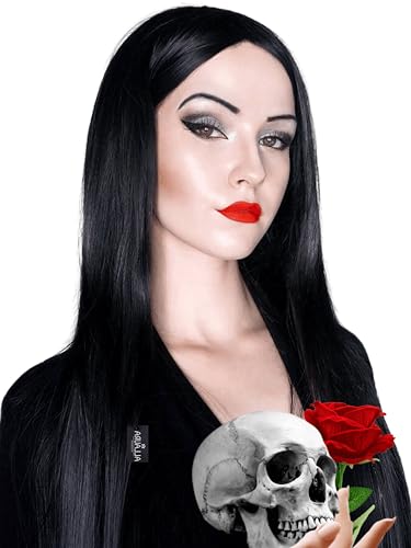 ALLAURA Compatible with Morticia Wig 32 Long Straight Black Wig for Women Ideal for Cher Costume Witch Look 70s Disco Halloween Morticia Addams Cosplay Glam Party Retro or Gothic Outfits