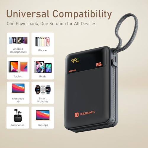 Image of Portronics 65W Ignis 65 20000mAh Fast Charging Powerbank with in-Built Type C Cable for Android Smartphones, iPhones, ipads, Tablets & Macbooks, Type C PD Port, LED Display, Strong Lanyard (Black)