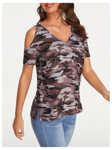 Image of RoseSeek Women's Camo Leopard Cold Shoulder T Shirts Summer Camouflage Tops