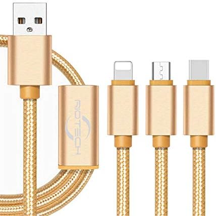 Multi Charging Cable, Riotech 3FT(1M) 3 in 1 Nylon Braided Multiple USB Charging Cord Micro USB/Type C and Compatible for Phone Xs /7 Plus/Galaxy S8 and More (Gold)