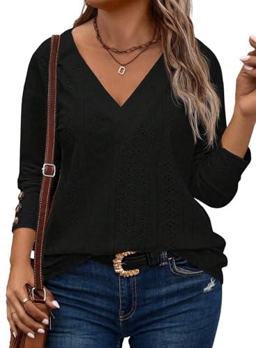 Eytino Plus Size Tops for Women Casual V Neck Long Sleeve Buttons Hollow Out Lace Embroidered Blouses Shirts(1X-5X)