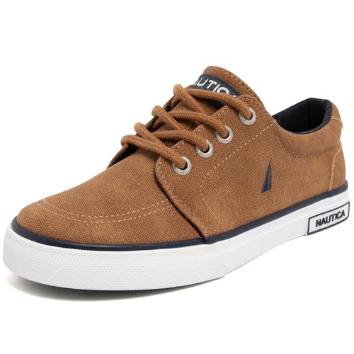 Nautica Kids Canvas Sneakers Lace-Up Low Top Casual Shoes for Boys and Girls Boat Shoe Inspired Tennis Footwear with Rubber Sole for School Walking and Everyday Play Berrian 4 Cognac - Size 2