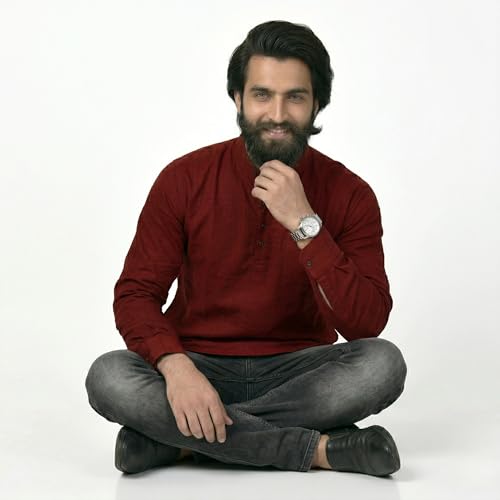 Image of Men's Cotton Regular Short Kurta | Casual & Ethnic Wear with Long Sleeve