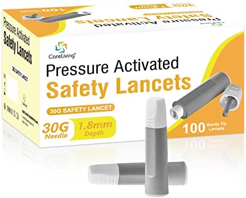 CareLiving Safety Lancets, Sterile, Pressure Activated, 30 Gauge Needle, 1.8 mm, 100 Count, Single-Use, Gentle for Comfortable Testing