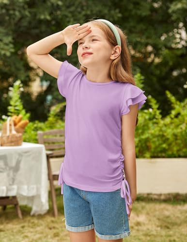 Image of Arshiner Girls T Shirts Ruffle Short Sleeve Ruched Knot Side Tunic Blouse Summer Tee Tops