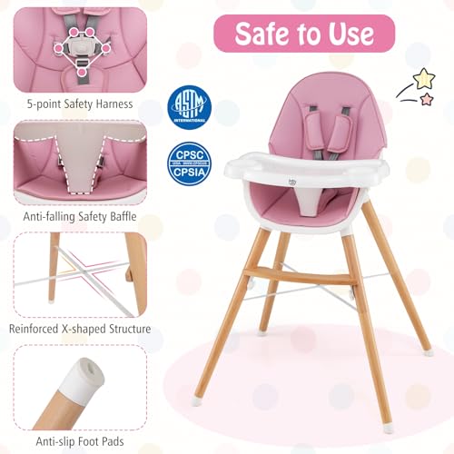 Image of BABY JOY Baby High Chair, Wooden High Chair for Babies & Toddlers with Dishwasher Safe Double Removable Tray, Infant Feeding Chair with 5-Point Safety Harness & Detachable PU Seat Cushion (Pink)