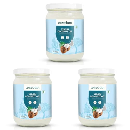Image of Anveshan Cold Pressed Virgin Coconut Oil 500ML | Glass Jar | Unrefined Cold Pressed Virgin Coconut Oil, Naturally Cholesterol Free, Kolhu /Kacchi Ghani /Mara Chekku /Ganuga, Rich Aroma & Flavour of Real Coconuts, A1 Grade Coconuts