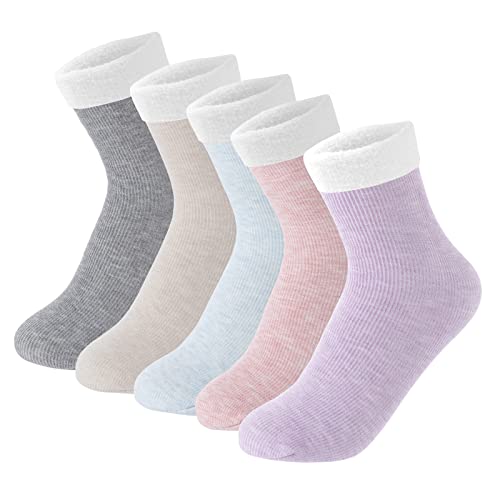 Milduall Wintersocken Damen, 5 Paar Kuschelsocken Thermosocken Plüschsocken Hüttensocken Warme Socken für Frauen Mädchen Kleidung, Größe 35-42 Rosa Blau Grau Lila Beige Cover