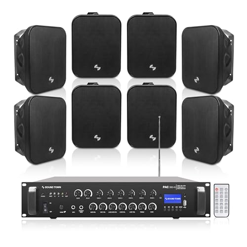 Sound Town Commercial Restaurant Bluetooth Amplifier + Surface-Mount Speaker Set, with One 6-Zone 70V/100V Amplifier with Bluetooth, 8 x 5.25-Inch Surface-Mount Speakers, Black (PAC360X8MS5B)