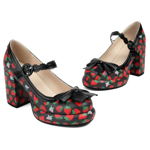 Parisuit Womens Strawberry Platform Mary Jane Bow Shoes Chunky High Heels Ankle Strap Pumps Rockabilly Dress Shoes3