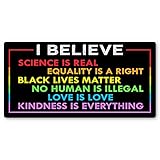 I Believe Sticker | Science is Real, Black Lives Matter, No Human is Illegal, Women’s Rights are Human Rights, Love is Love (LGBT Gay Progress Pride), Kindness is Everything Vinyl Decal for Your Laptop, Car Bumper, or Hydro-Flask (7.5 X 3.75 Inch)