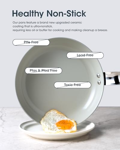 Image of Ceramic Frying Pan Set 3-Piece, Swiss Nonstick Coating PFAS /PTFE /PFOA-Free, Induction Compatible Non Toxic Cookware, Oven & Dishwasher Safe, Space Saving Floating-Stack - 8 /9.5 /11 Inch with Spatula