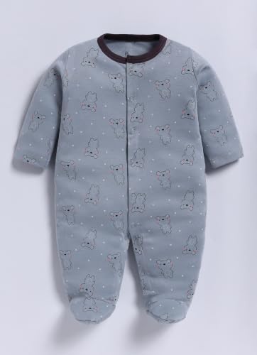 Image of BABY GO Baby Sleepsuit Pack of 3 | 100% Cotton Full Sleeve Footed Romper for Newborn Baby Boys & Girls | Front Open Snap Button Onesie Jumpsuit | Soft Breathable Nightwear