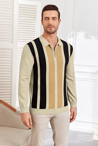 EDITCOZY Mens Knit Polo Shirts Vintage Striped Long Sleeve Quarter Zip Polo Sweater Pullover Shirts Golf Shirts2