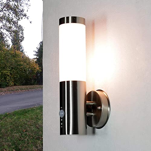 Licht-Erlebnisse Außenleuchte mit Bewegungsmelder Edelstahl in Silber IP44 Garten Hof H:34 cm E27 blendarm Moderne Outdoor Wandlampe Terrasse...
