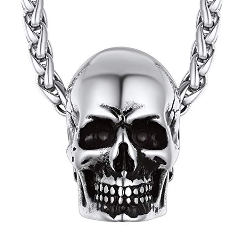 Richsteel Collier Tête de Mort Homme Pendentif Crâne Moto Gothique en Acier Inoxydable avec Chaîne Réglable 55+5 cm Bijoux Hip Hop Punk pour Hommes Garçon