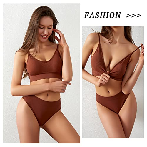 3-4 Pack V Neck Sport Bra and Thong Panties Set Cotton Push Up No Underwire Seamless Bralette for Women3
