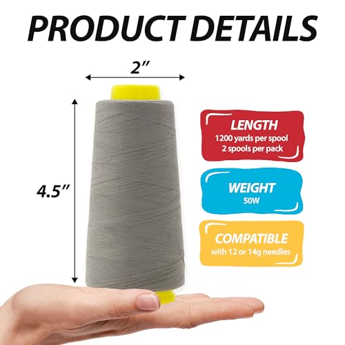 Image of Mandala Crafts Gray Mercerized Cotton Thread Cones for Sewing Quilting | 2400 Yds 50 WT, 100% Long Staple Cotton, Multipurpose, for Embroidery, Piecing, Sergers, Applique, Machine and Hand Sewing