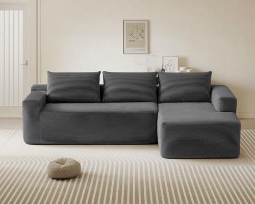 Yafylly 97inch Boneless L-Shaped Sectional Sofa with Throw Pillow & Side Pockets- No Assembly Compressed Modular Couch, Memory Foam, Deep Seat for Living Room, Bedroom, Apartment Grey Right