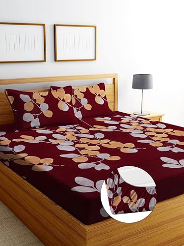 Image of DECORUM Glace Cotton Fitted 1 Bedsheet King Size (72 inchx78 inch) | All Around Elastic | Cotton Feel | 2 Pillow Covers (17 inchx27 inch) | Fits Up to 8 inch Mattress | 200-220 TC | Printed Double Bed Sheet Set