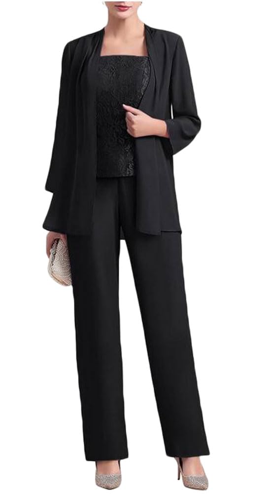 Botong 3 PC Chiffon Mother of the Bride Pants Suits Lace Bodice Wedding Guest Outfit Formal Evening Gown Black UK18