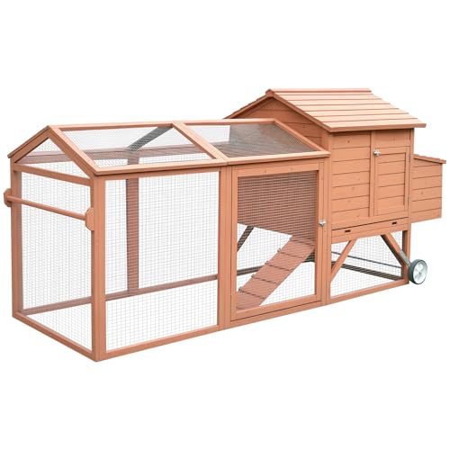 Image of PawHut 96.5 inch Chicken Coop Wooden Hen House Poultry Cage Pen Portable with Wheels and Nesting Box, Chicken Cage for Backyard Outdoor, Natural