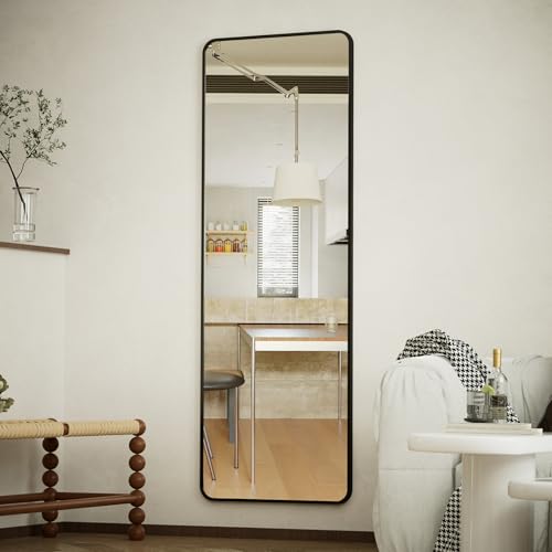 Image of BEAUTYPEAK Over The Door Mirror Full Length 14 inch x 48 inch, Shatterproof Tempered Glass and Aluminum Alloy Frame, No-Drilling Hanging or Wall Mount, Full Body Mirror for Bedroom, Dorm, Black