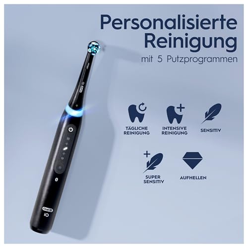 Oral-B iO Series 5 Elektrische Zahnbürste/Electric Toothbrush, Doppelpack, Magnet-Technologie, 2 Aufsteckbürsten, 5 Putzmodi für Zahnpflege, LED-Anzeige & Reiseetui, Designed by Braun, Schwarz/Weiß – Bild 7