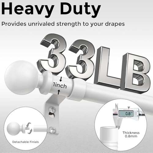 White Extra Long Curtain Rods for Windows 120 to 170 Inch, Adjustable Heavy Duty 1" Diameter Decorative Curtain Rod with Round Finials, Modern Easy Install Extendable Metal Drapery Pole Set