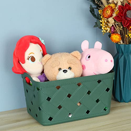 ASelected 5 Pack Plastic Woven Storage Basket With Handles, Small 24x16x14cm, Beautiful Fashionable, Skin Pattern Cross Woven, For Kitchen, Living Room, Office, Bathroom, Bedroom, ( Green )