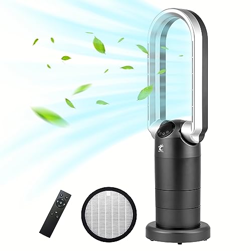 Ocean Loong 29inch Bladeless Tower Fan and HEPA Air Purifier in One, 120°Oscillating Bladeless Fan, Powerful Desk Fan with Remote, 9 Speeds 9H Timer Air Circulator for Office Home(Grey)