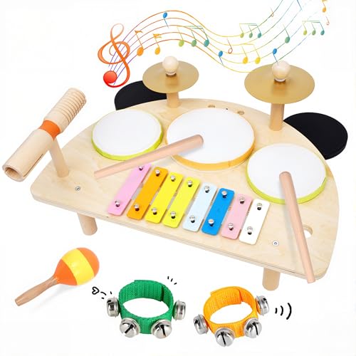 Kids Drum Set, Montessori Musical Instruments for Toddlers 1-3, Wooden Baby Musical Toys, Musical Activity Table Preschool Learning Xylophone Drum Kit, Christmas Birthday Gift for Boys Girls Ages 1-3