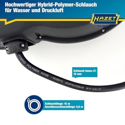 HAZET Schlauch-Aufroller 9040N-10 I Schlauchlänge: 15 m, Schlauchinnendurchmesser: 10 mm, max. Druck: 20 bar für Druckluft und Wasser I Schlauchtrommel für sauberes Aufwickeln von Schläuchen