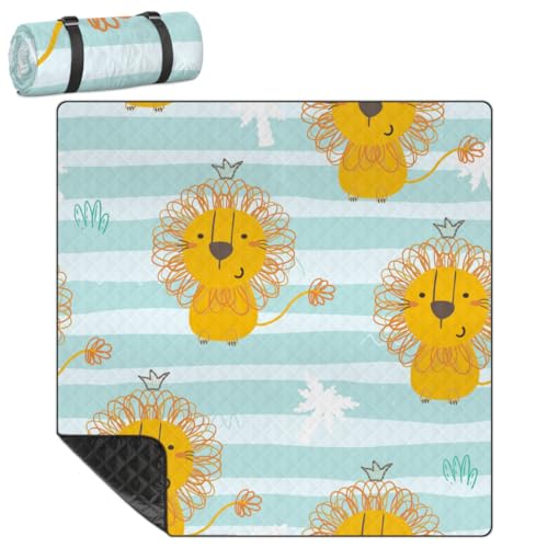 Shimoshe Extra Large Picnic Blankets 79”x 79”, Striped Background Lion Waterproof Foldable Picnic Mat with Straps Portable Beach Blanket for Camping Park Grass Beach Indoor