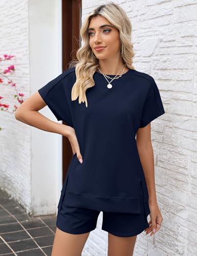 Image of LOMON Womens Fashion 2 Piece Outfits Sweatsuits 2026 Summer Short Sleeve Loungewear Tracksuit Round Neck Lounge Shorts Sets
