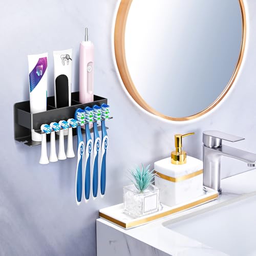 Image of Toothbrush Head Holders, Electric Tooth Brush Head Holder, Adhesive Toothpaste Holder for Shower Bathrooms, Wall Mounted Tooth Brushing Holder Organizer Storage (Black, Large)