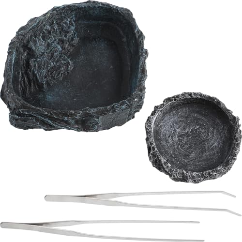 IMIKEYA 2個 爬虫類用レジン製給餌水皿 大 小 とステンレス製給餌用グ付き ヤモリ トカゲ カメレオン カメ 両生類対応の な食水ボウル