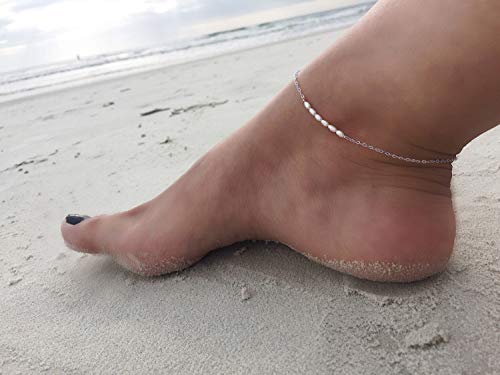 Freshwater Pearl Anklet,Sterling Silver 14K Silver Filled Boho Pearl Dainty Handmade Beaded Cute Tiny Charm Beach Ankle Bracelet Foot Chain Anklet for Women3